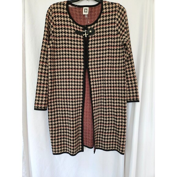 Anne Klein Women's Camel Combo Houndstooth Long Sweater Jacket w/Clasp M NWT - Picture 1 of 9